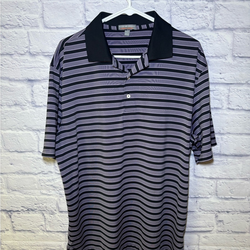 Peter Millar Summer Comfort Polo Shirt Stretch Jersey Black/Purple Stripes Large